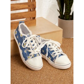 Daisy Graphic-Print Denim Lace-Up Canvas Flats