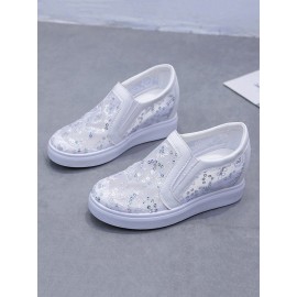 Sequins Floral Embroidered Lace Paneled Slip-On Wedge Shoes