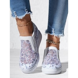 Sequins Floral Embroidered Lace Paneled Slip-On Wedge Shoes