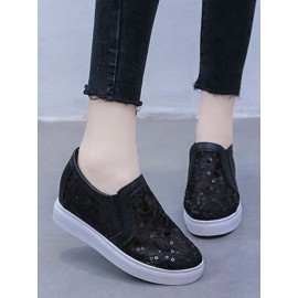 Sequins Floral Embroidered Lace Paneled Slip-On Wedge Shoes