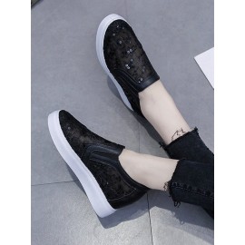 Sequins Floral Embroidered Lace Paneled Slip-On Wedge Shoes