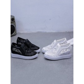 Sequins Floral Embroidered Lace Paneled Slip-On Wedge Shoes