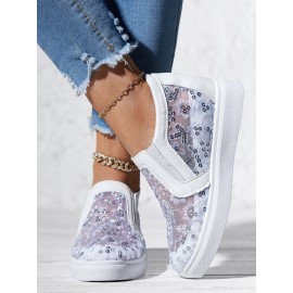 Sequins Floral Embroidered Lace Paneled Slip-On Wedge Shoes