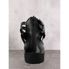 Vintage Black Buckle Decor Comfy Sole Shallow Shoes wtith Back Zip